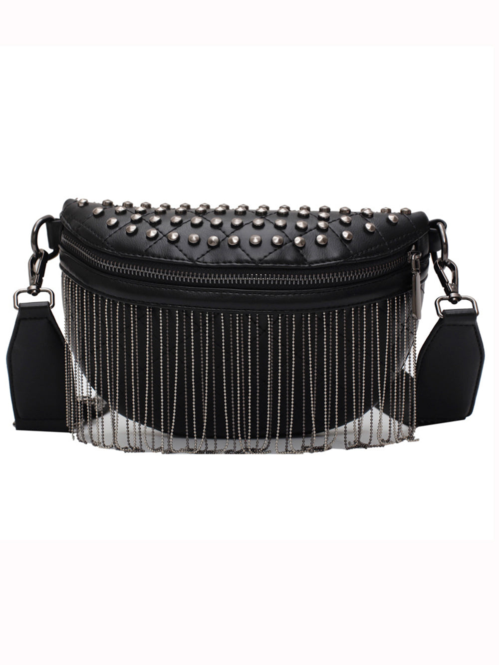 Studded Tassel Crossbody Belt Bag" can be rewritten as "Embellished Tassel Crossbody Belt Bag.
