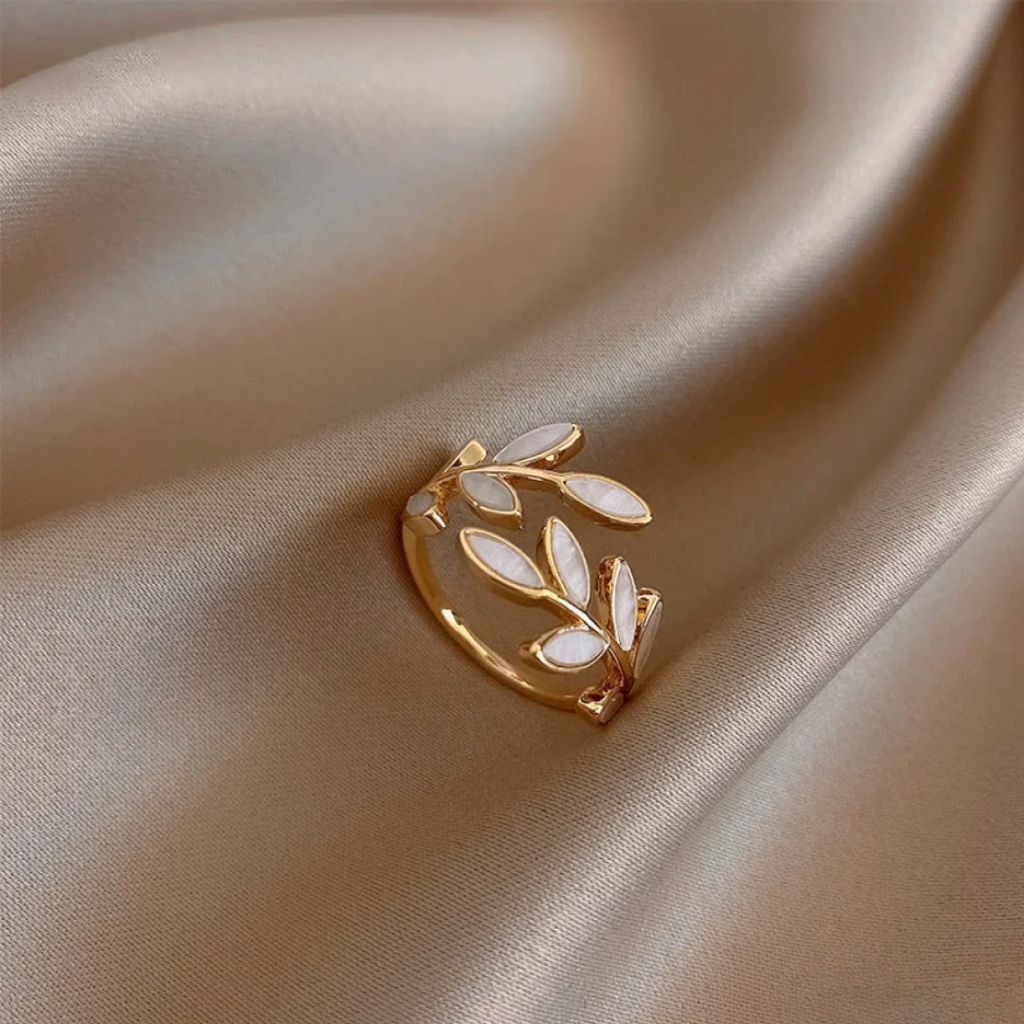 Gold Adjustable Ring featuring White Opal