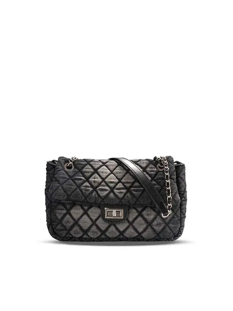 Quilted Chain Shoulder Bag in Washed Denim