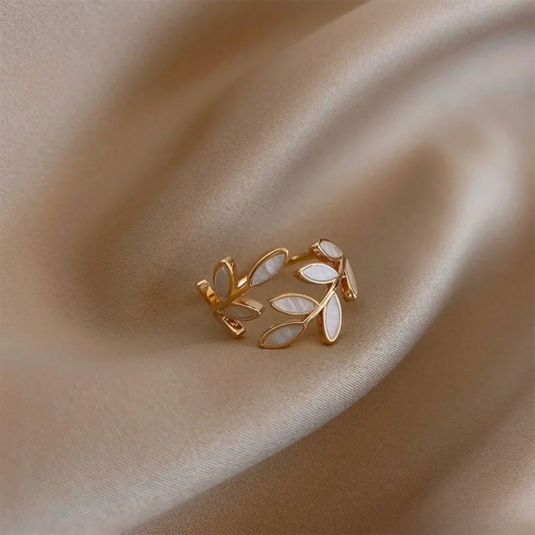 Gold Adjustable Ring featuring White Opal