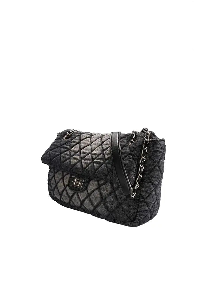 Quilted Chain Crossbody Bag in Washed Denim