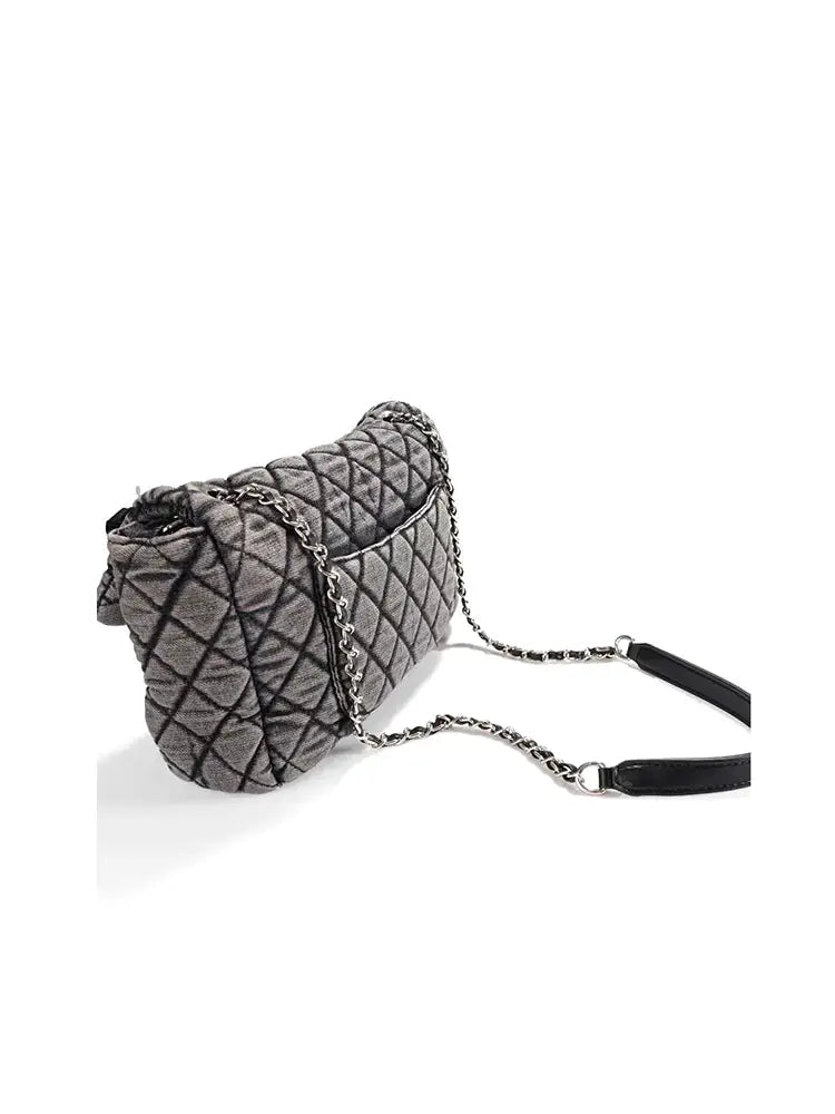 Quilted Chain Crossbody Bag in Washed Denim