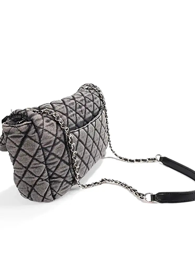 Quilted Chain Shoulder Bag in Washed Denim