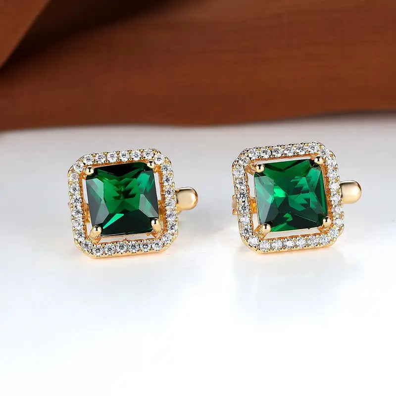 Gold Earrings with Square Green Zirconia