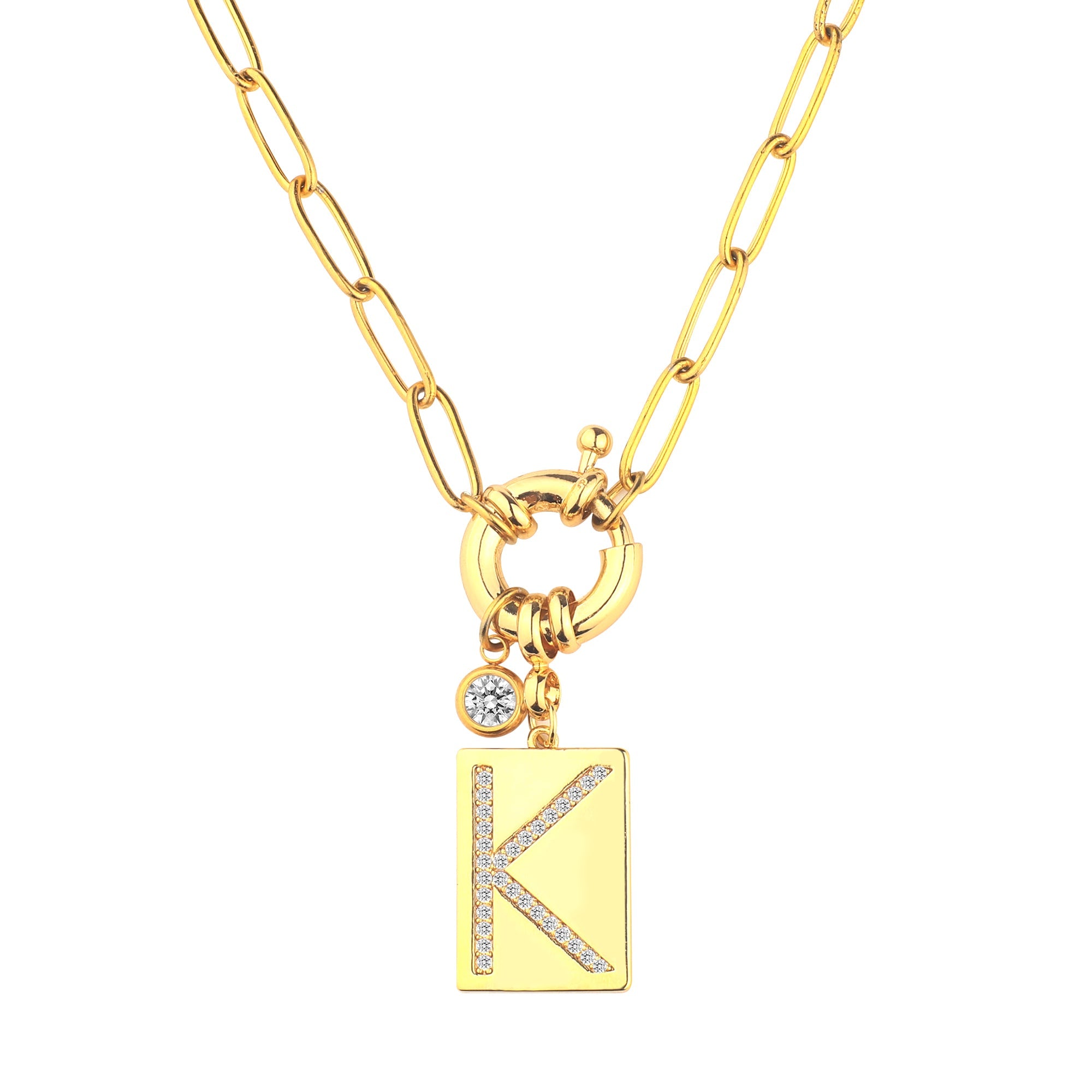 Pave Initial Pendant Necklace with Paperclip Chain