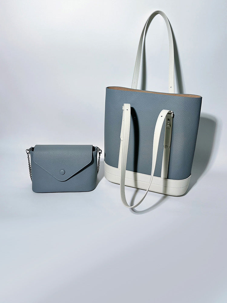 Color-Blocked Leather Tote Bag with Single Shoulder Strap