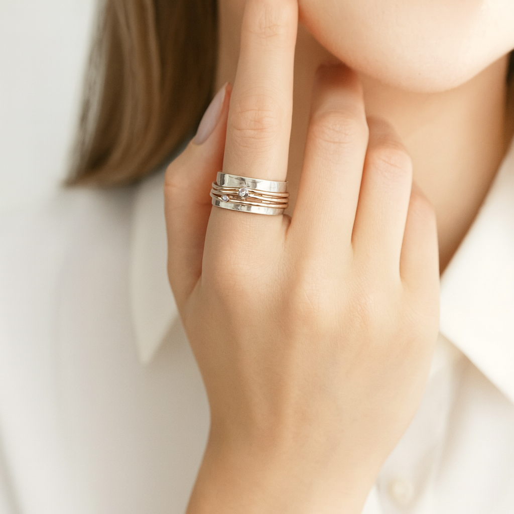 Marlene – Wide Hammered Ring with Elegant Gold Accents