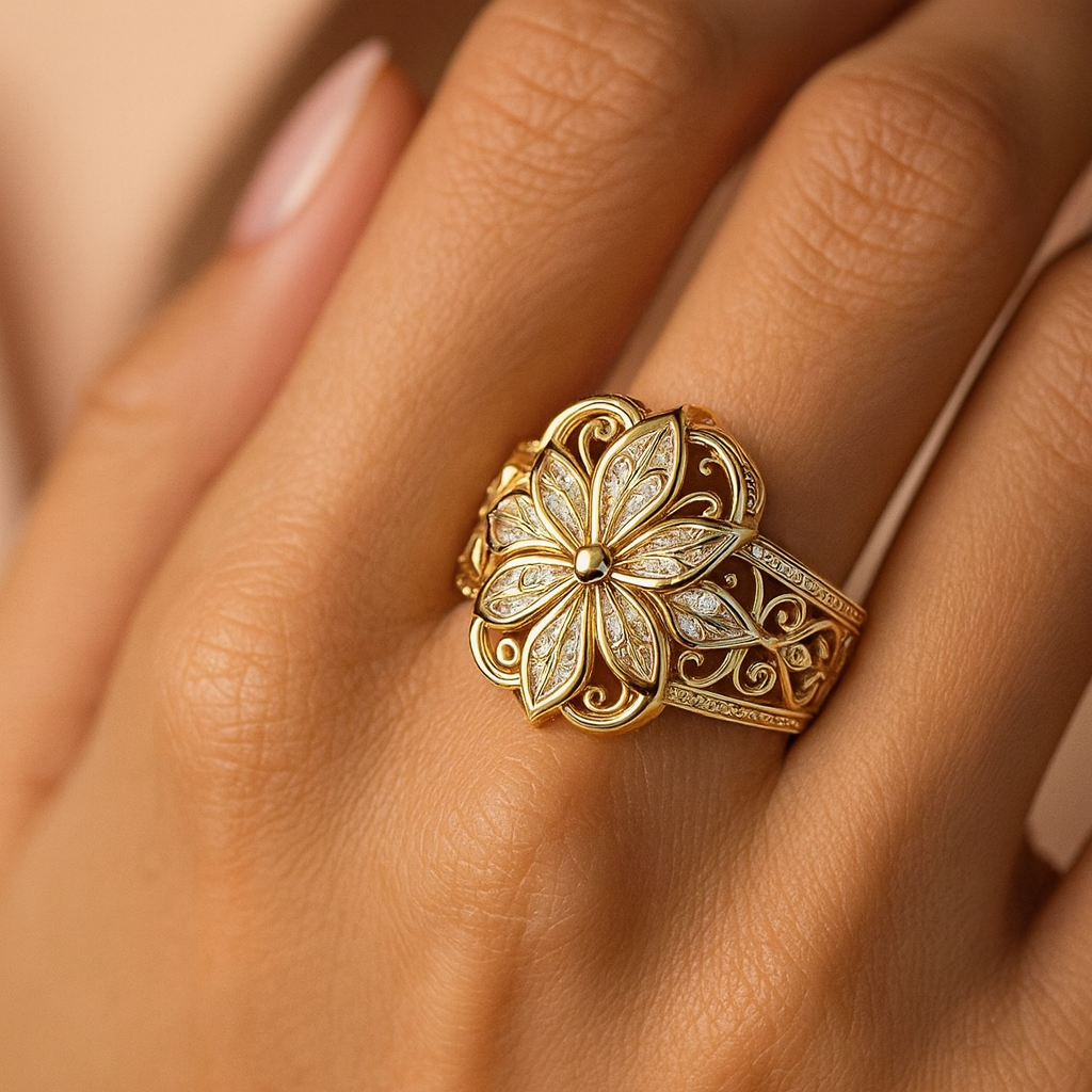 Daniela – Gold Ring Featuring an Exotic Floral Design with Zirconia Accents