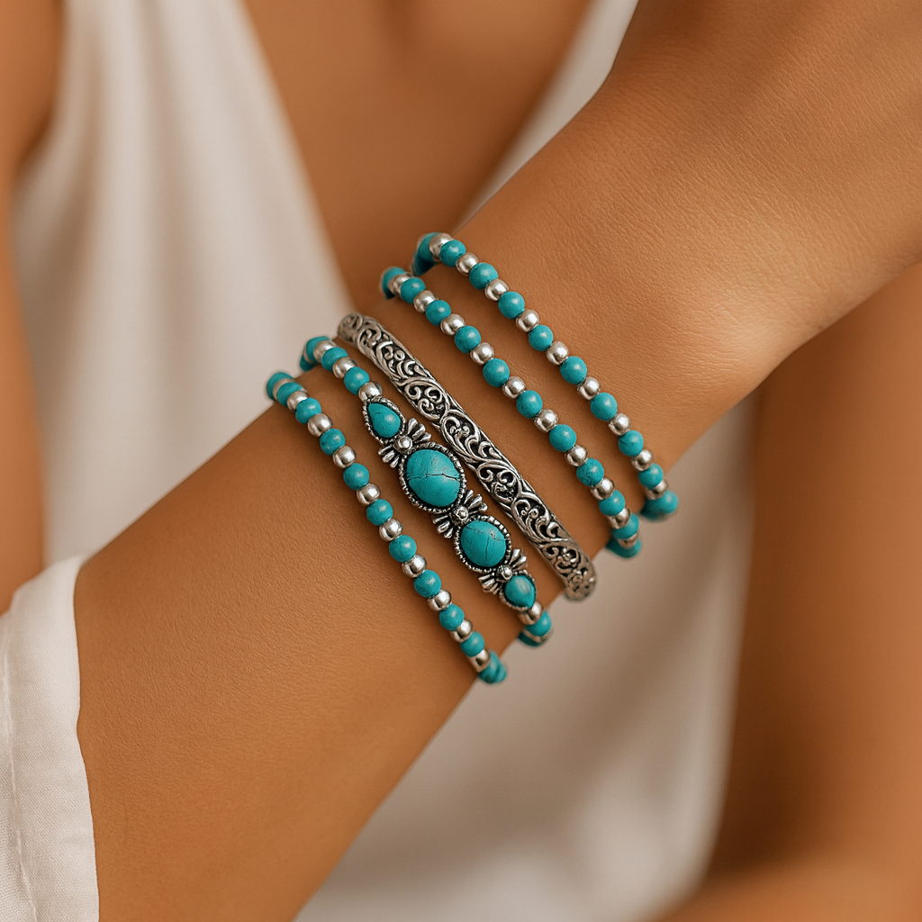 Caroline – Bohemian Bracelet Set Featuring Turquoise Beads