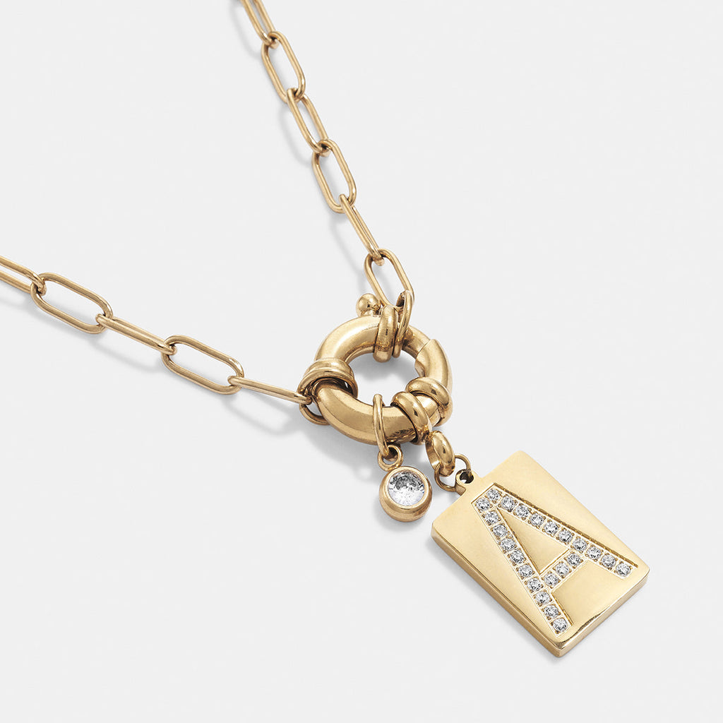 Pave Initial Pendant Necklace with Paperclip Chain