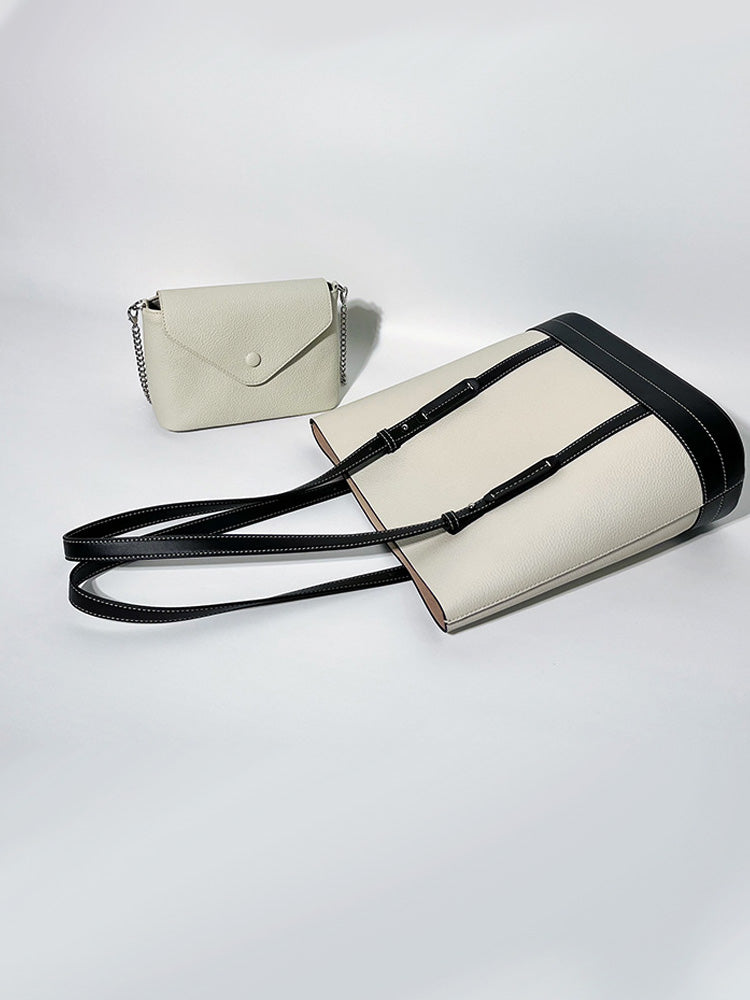 Color-Blocked Leather Tote Bag with Single Shoulder Strap