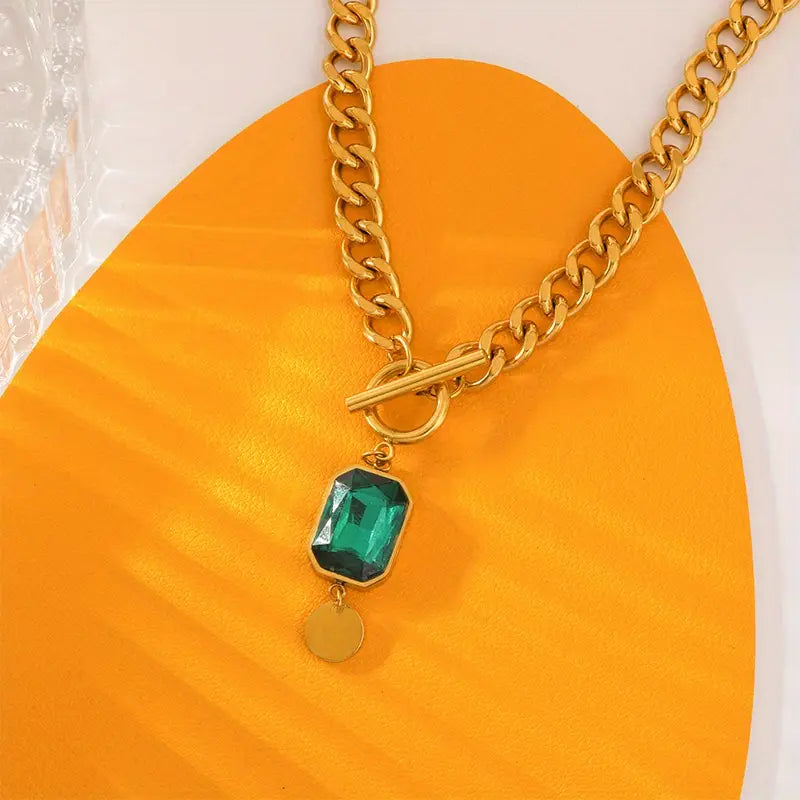Emerald Gold Pendant Necklace with Chunky Chain