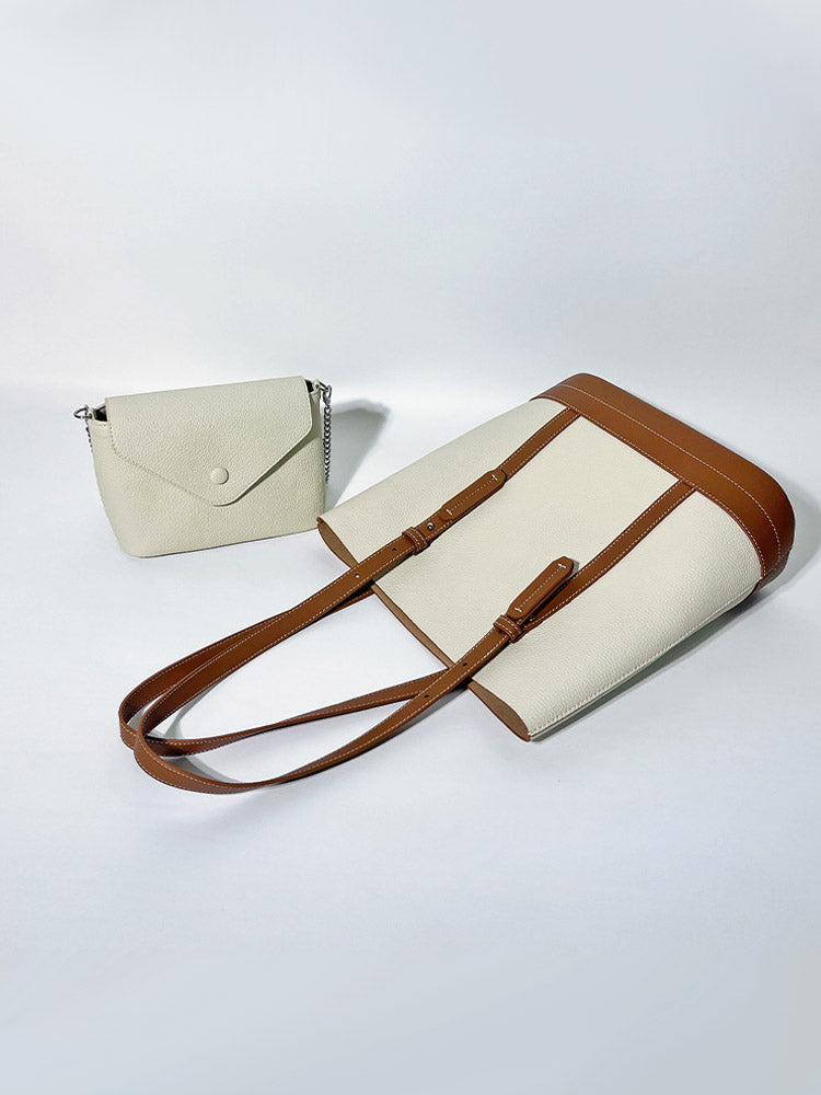 Color-Blocked Leather Tote Bag with Single Shoulder Strap