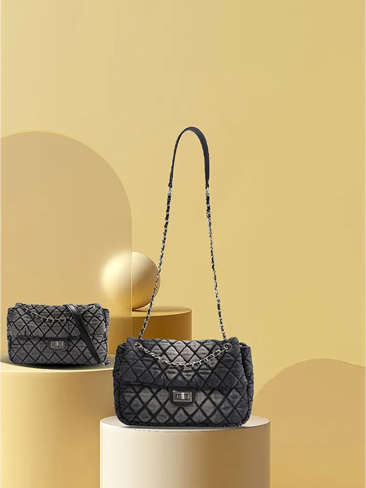 Quilted Chain Shoulder Bag in Washed Denim