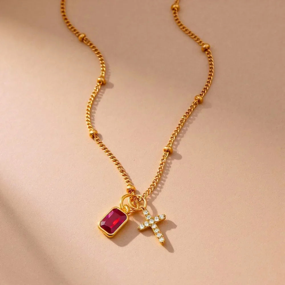 Birthstone Cross Pendant Necklace