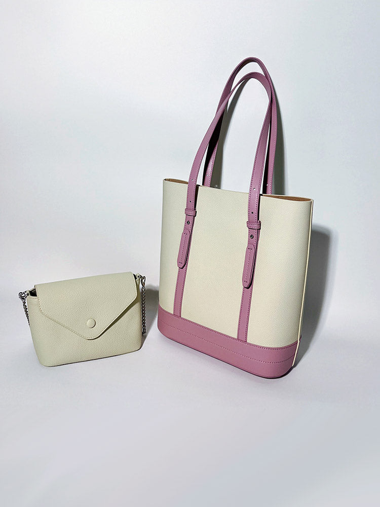 Color-Blocked Leather Tote Bag with Single Shoulder Strap