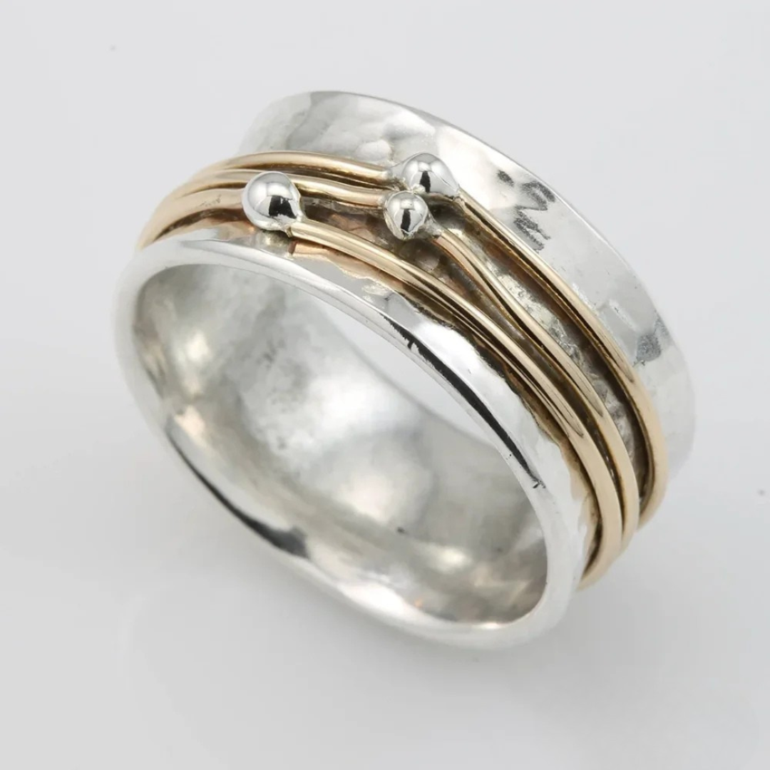 Marlene – Wide Hammered Ring with Elegant Gold Accents