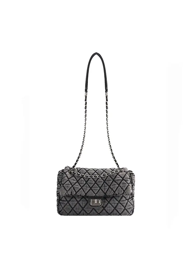 Quilted Chain Shoulder Bag in Washed Denim