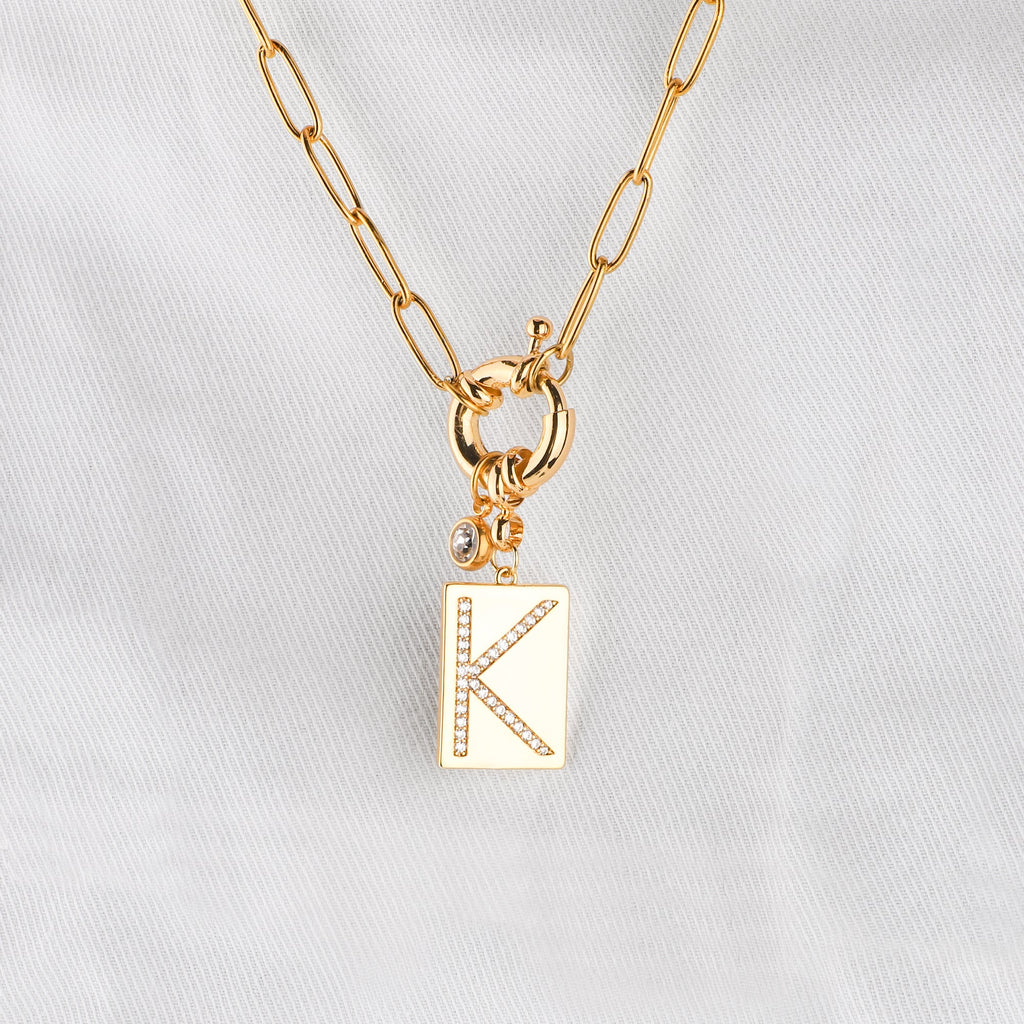 Pave Initial Pendant Necklace with Paperclip Chain