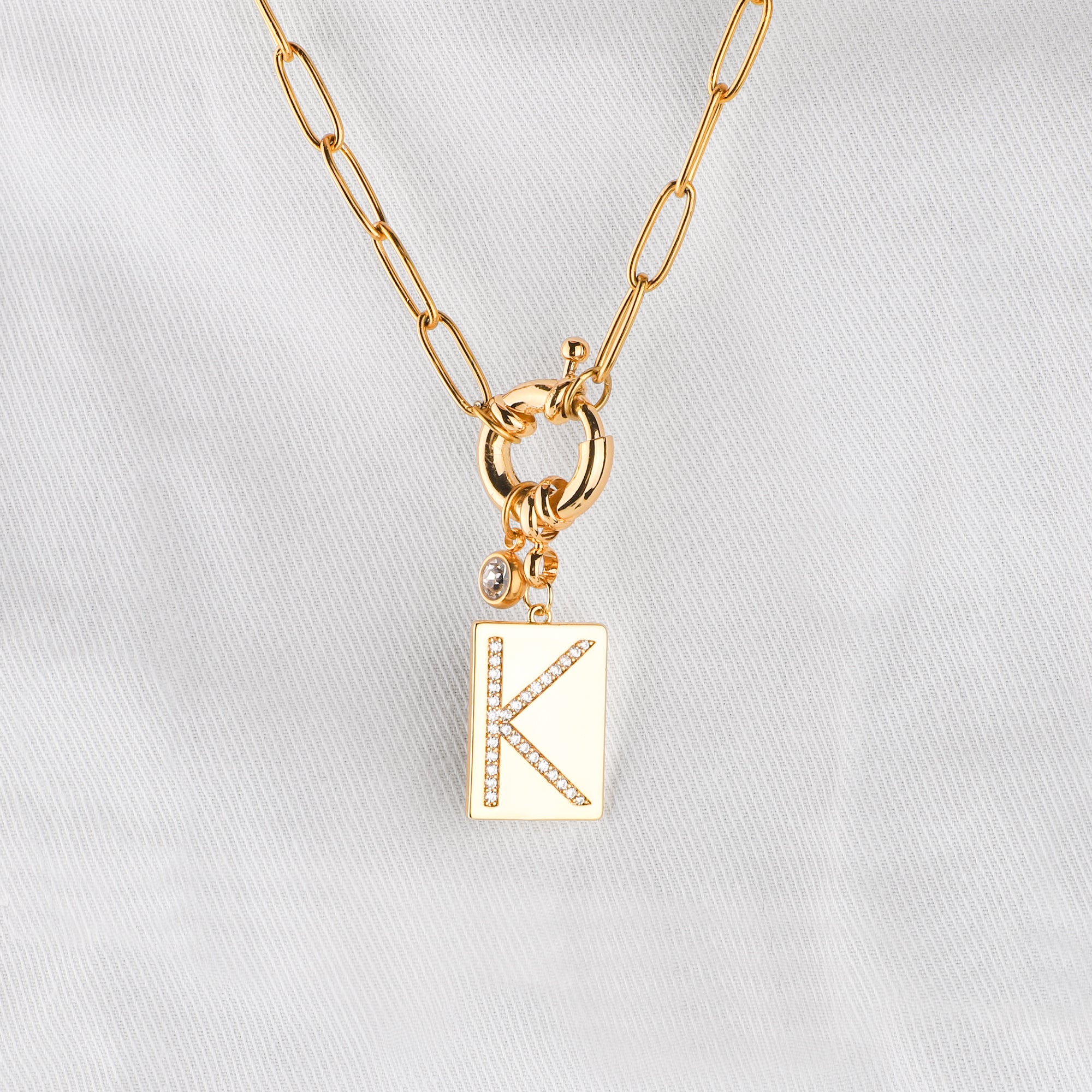 Pave Initial Pendant Necklace with Paperclip Chain