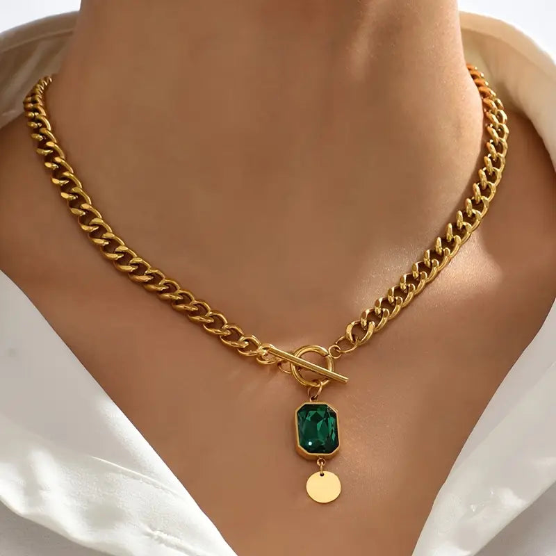Emerald Gold Pendant Necklace with Chunky Chain