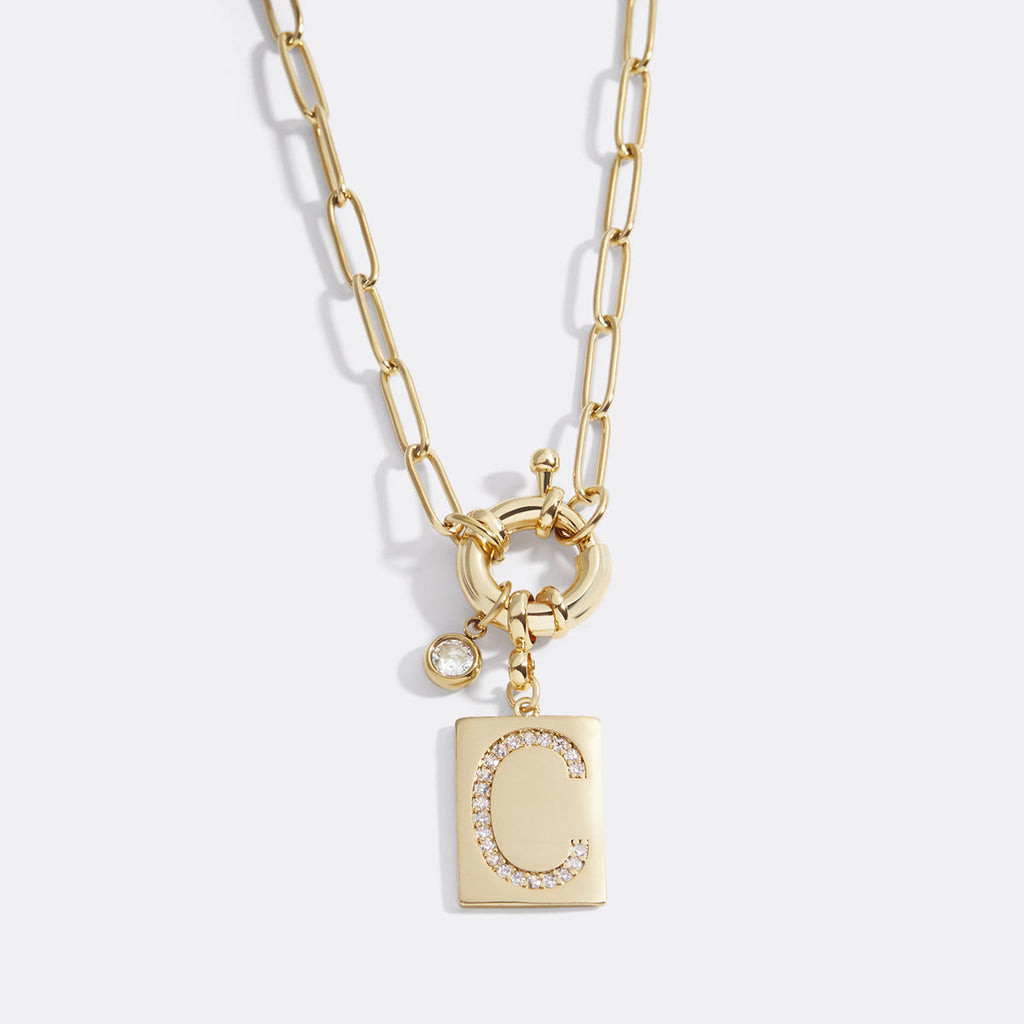 Pave Initial Pendant Necklace with Paperclip Chain