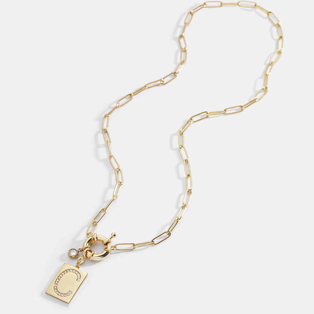 Pave Initial Pendant Necklace with Paperclip Chain