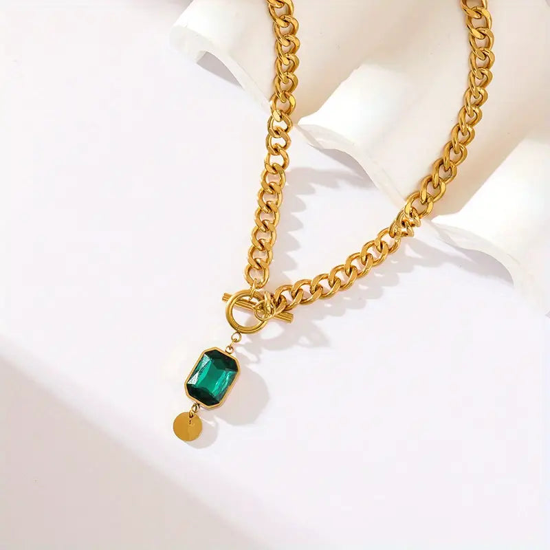 Emerald Gold Pendant Necklace with Chunky Chain