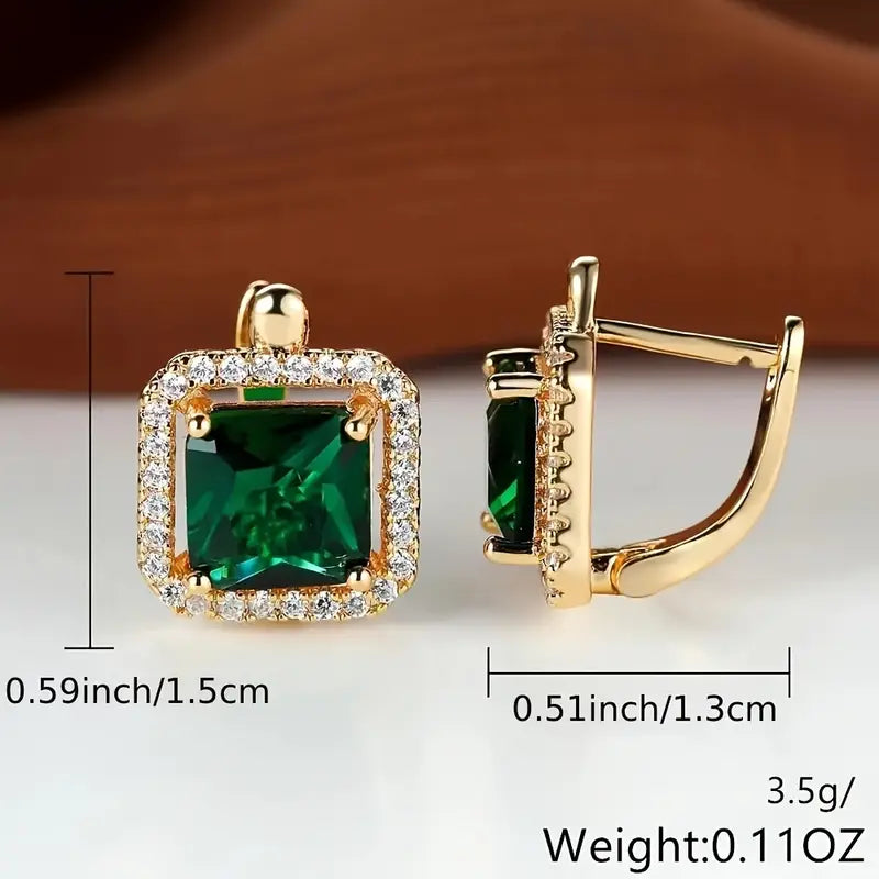 Gold Earrings with Square Green Zirconia