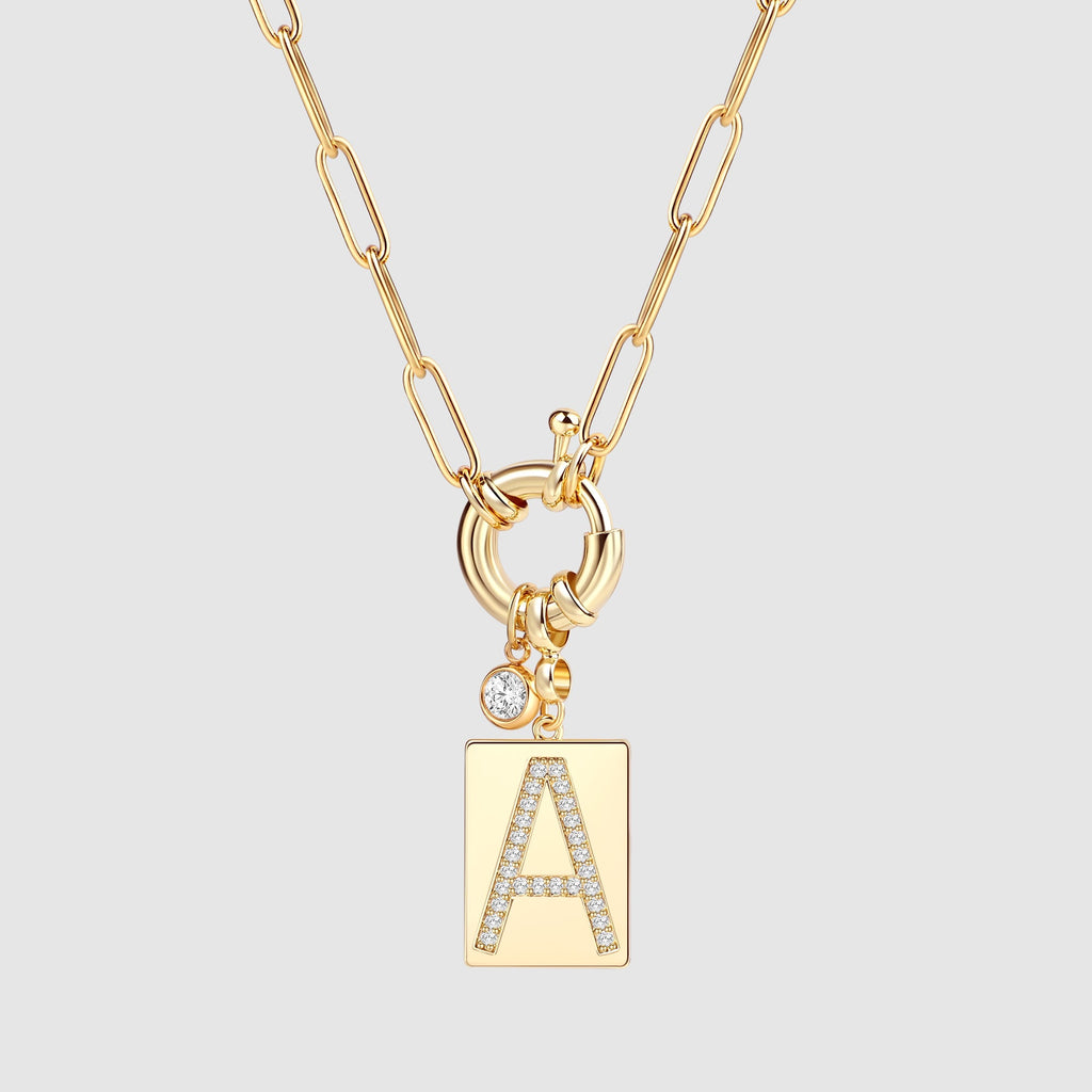 Pave Initial Pendant Necklace with Paperclip Chain