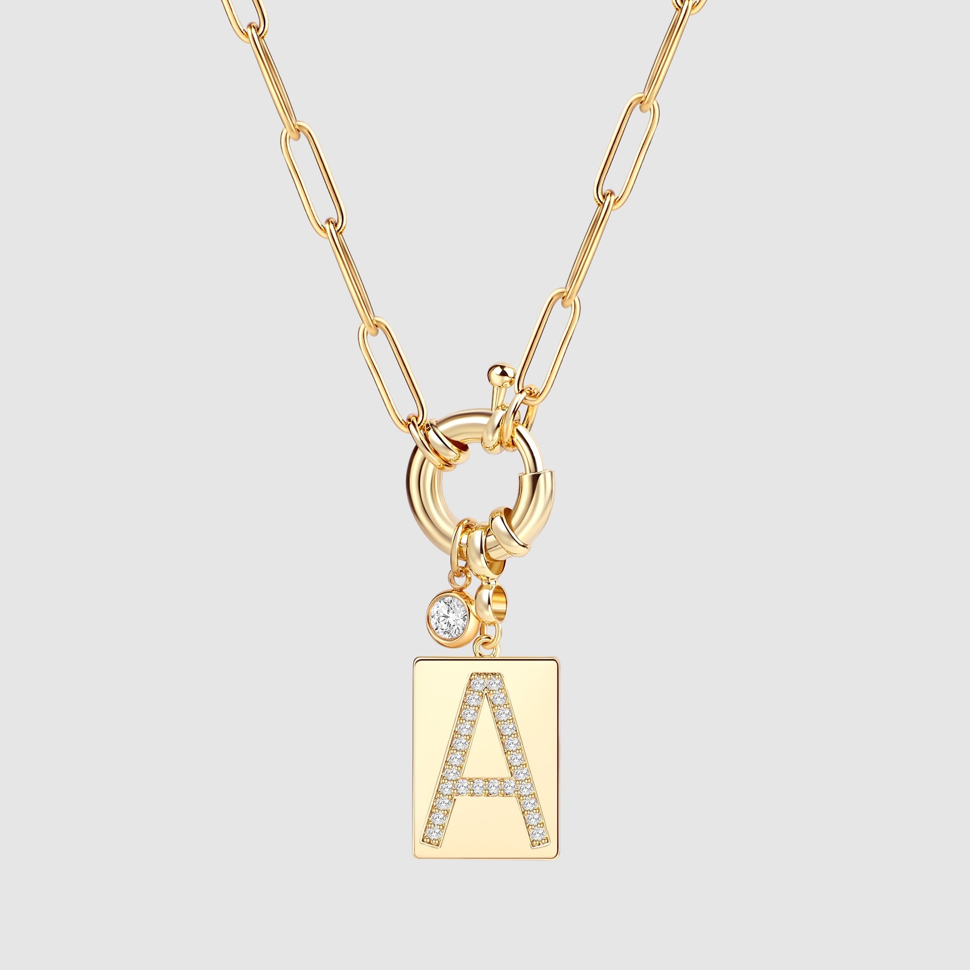 Pave Initial Pendant Necklace with Paperclip Chain