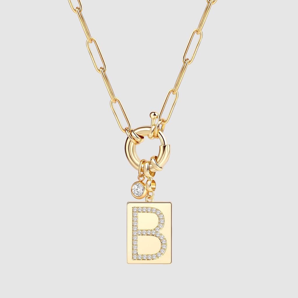 Pave Initial Pendant Necklace with Paperclip Chain