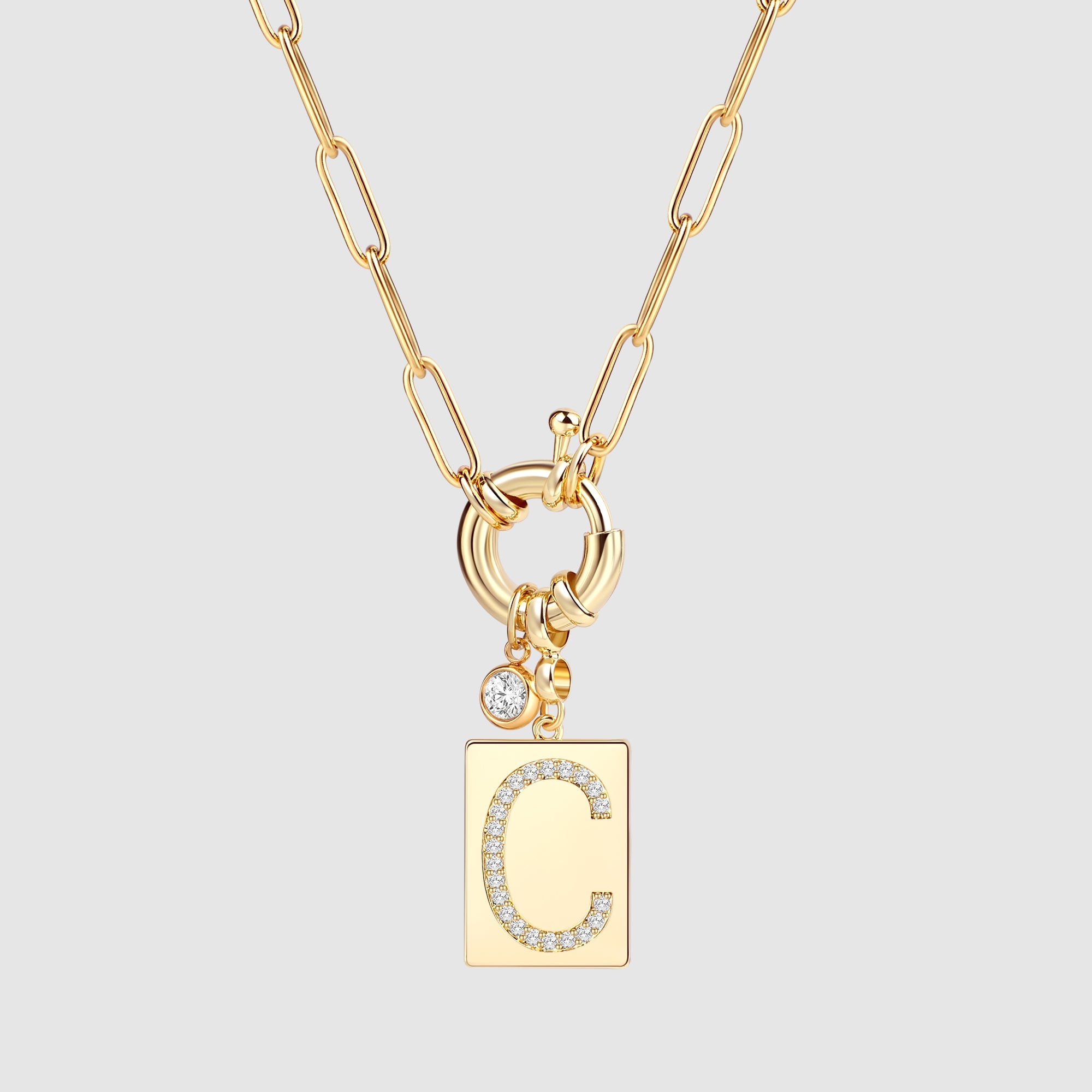 Pave Initial Pendant Necklace with Paperclip Chain