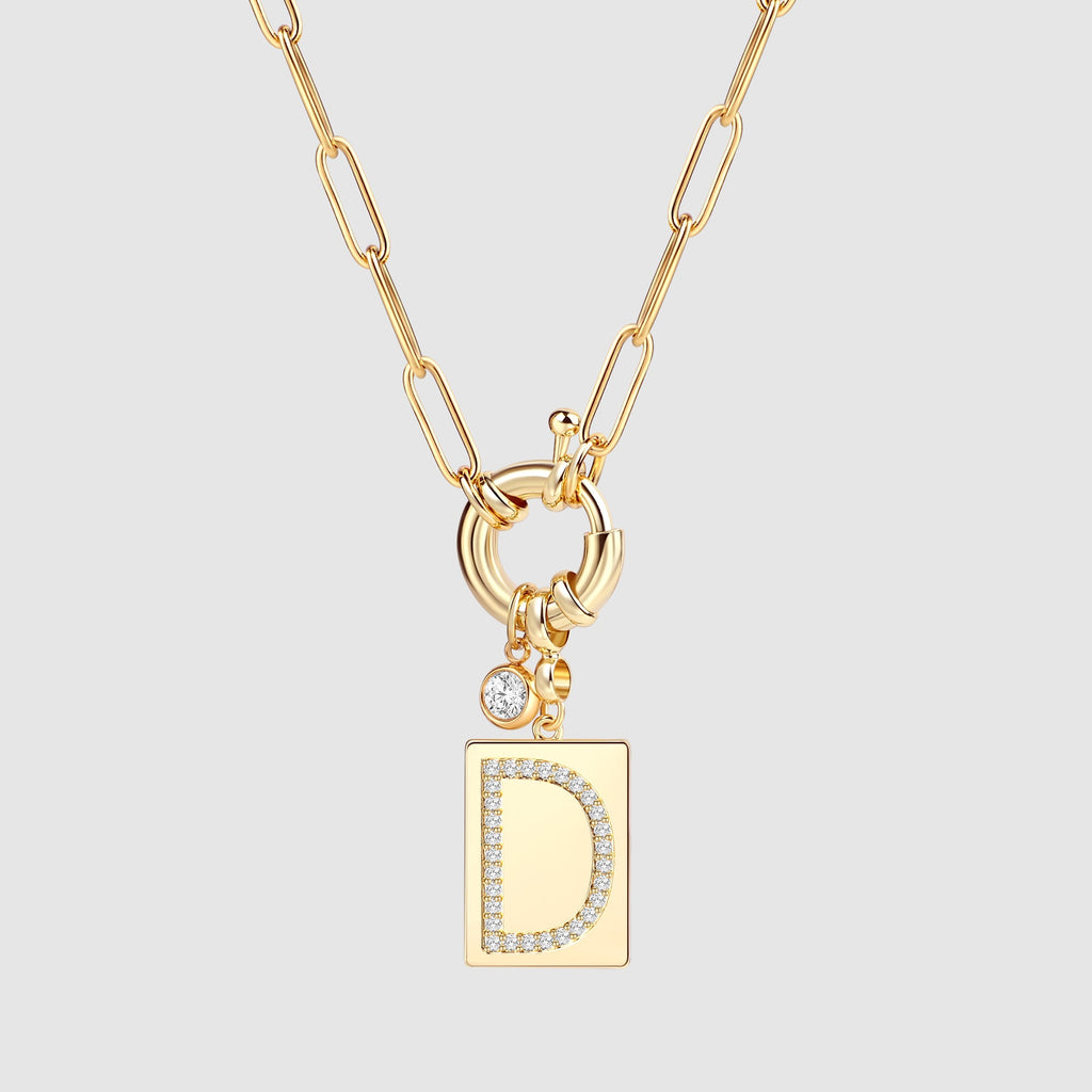 Pave Initial Pendant Necklace with Paperclip Chain