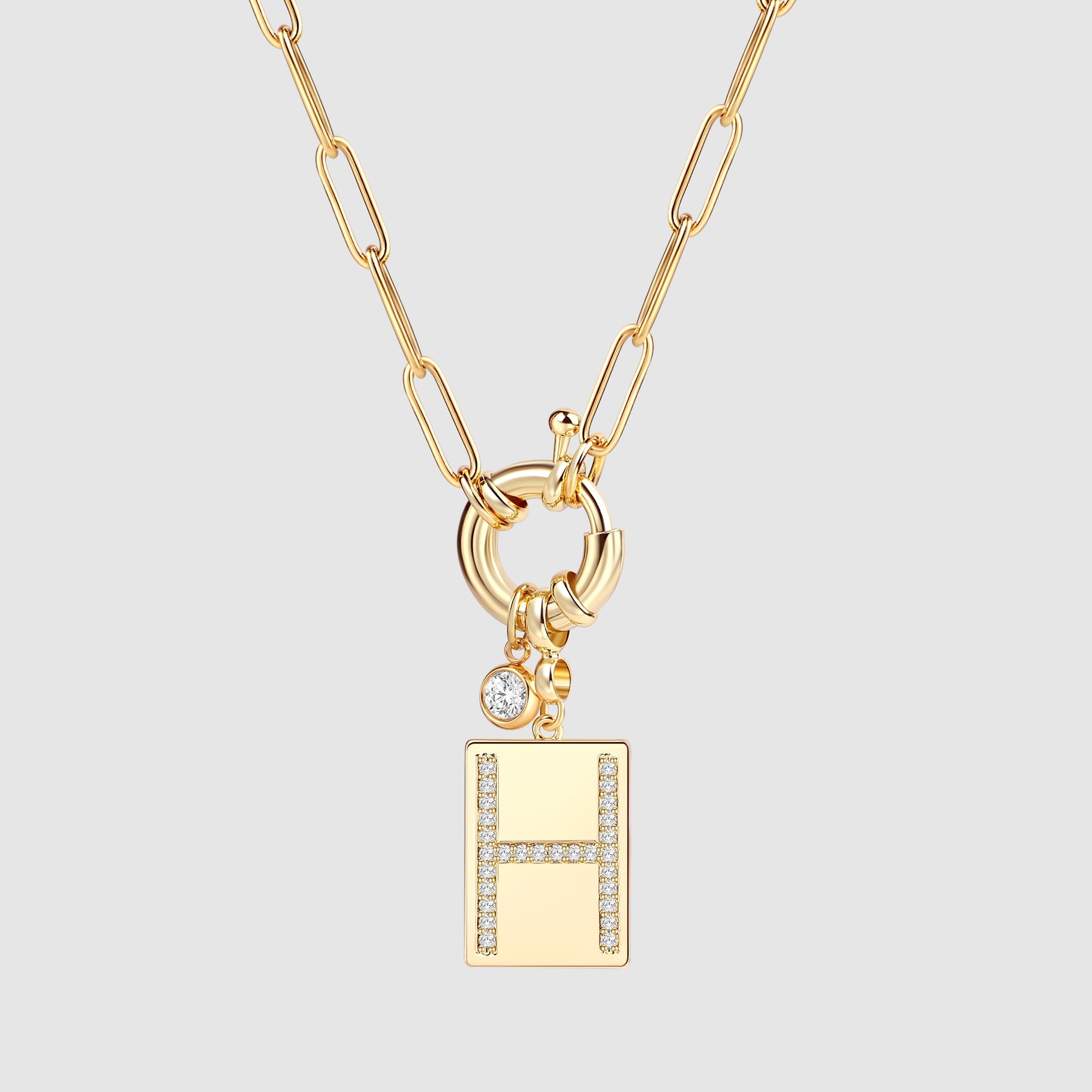 Pave Initial Pendant Necklace with Paperclip Chain
