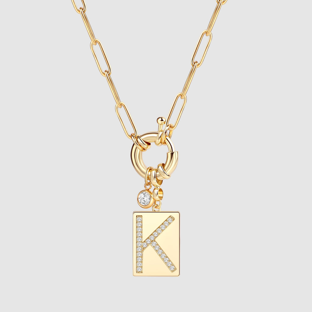 Pave Initial Pendant Necklace with Paperclip Chain