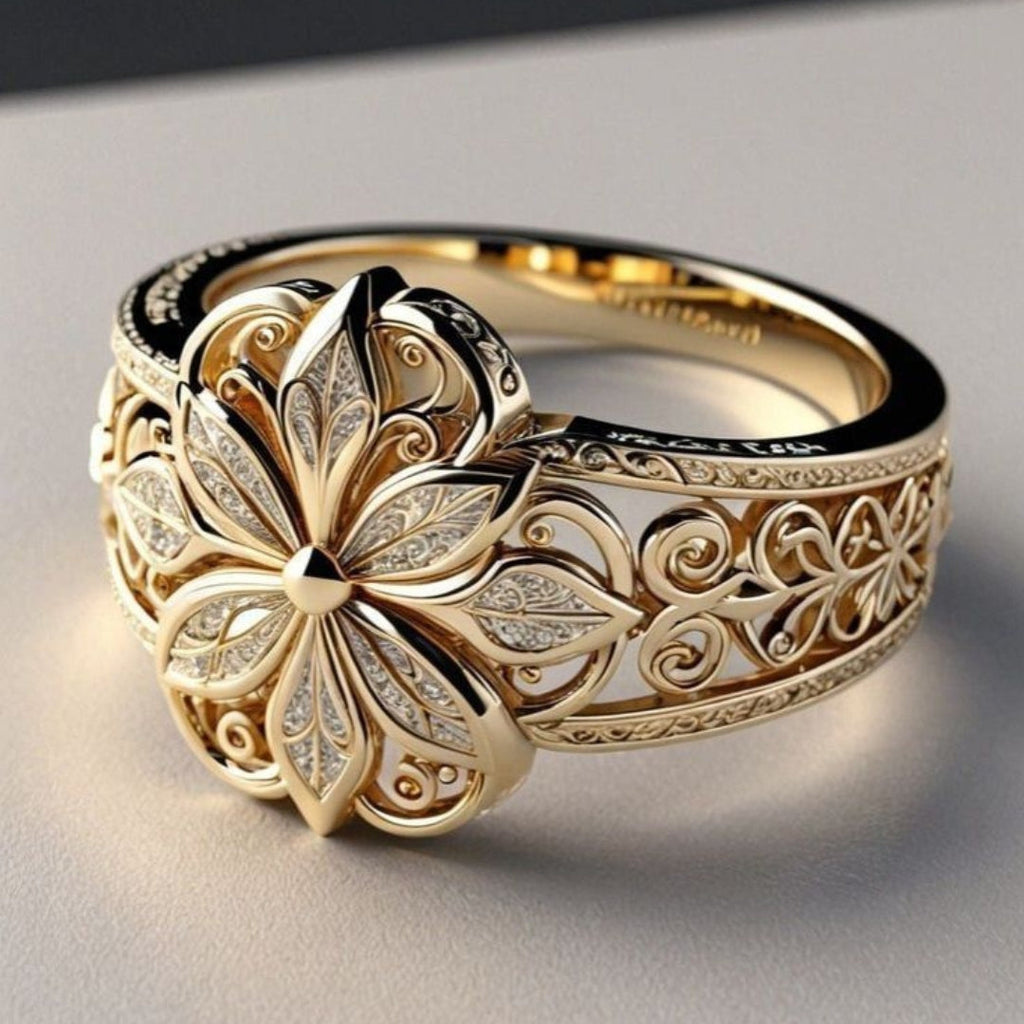 Daniela – Gold Ring Featuring an Exotic Floral Design with Zirconia Accents