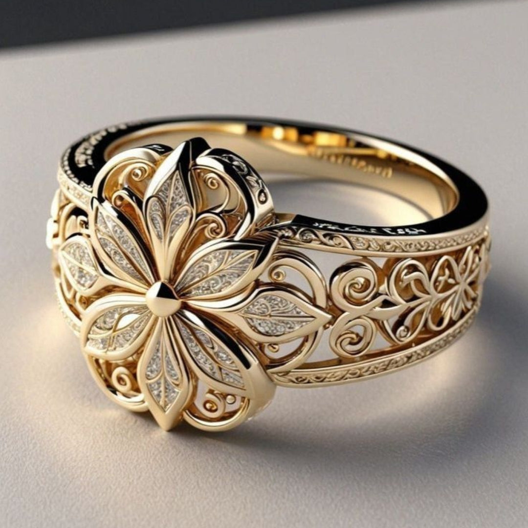 Daniela – Gold Ring Featuring an Exotic Floral Design with Zirconia Accents