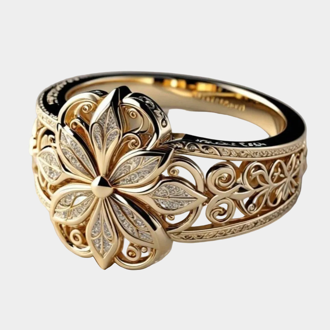 Daniela – Gold Ring Featuring an Exotic Floral Design with Zirconia Accents