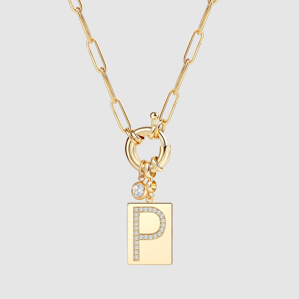 Pave Initial Pendant Necklace with Paperclip Chain