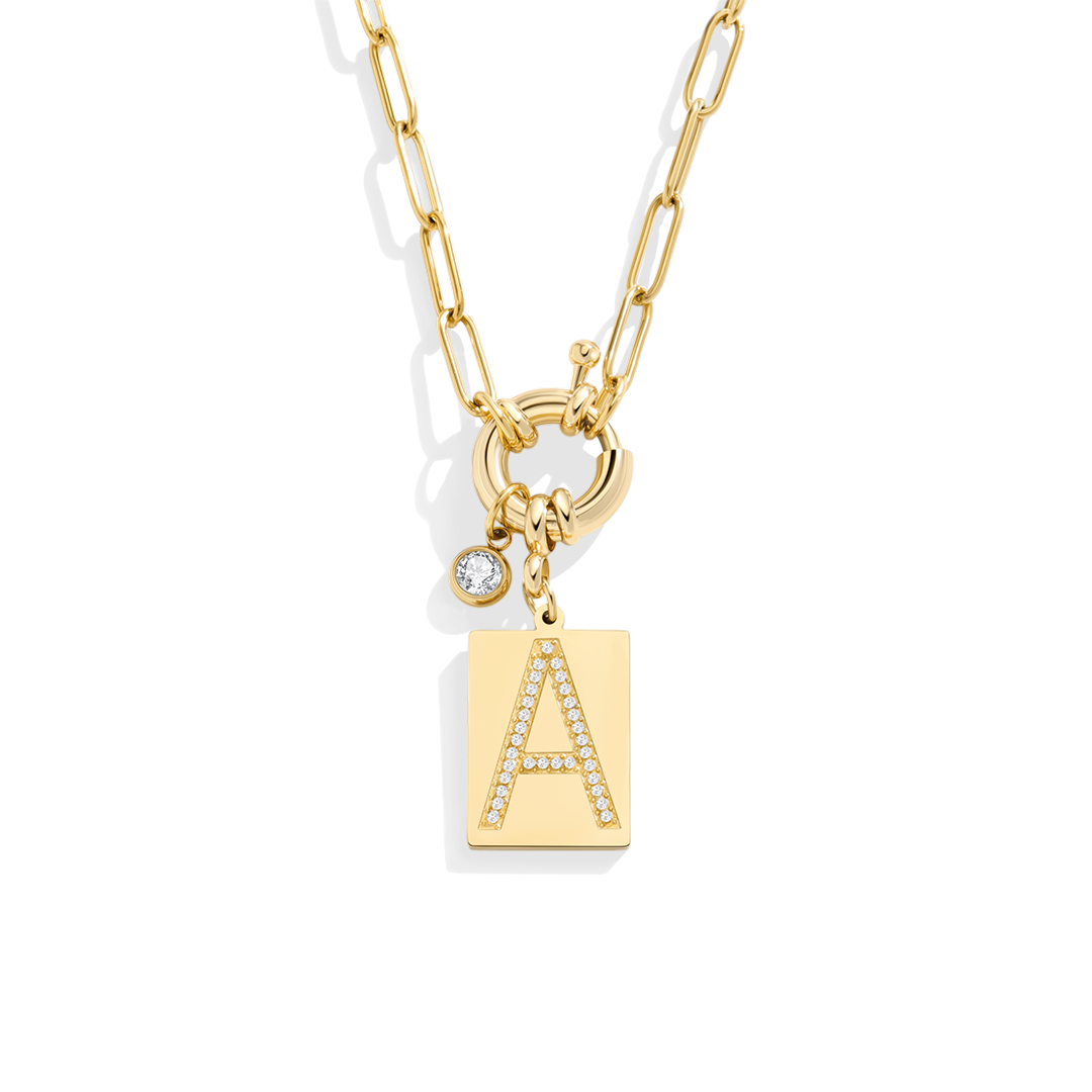 Pave Initial Pendant Necklace with Paperclip Chain