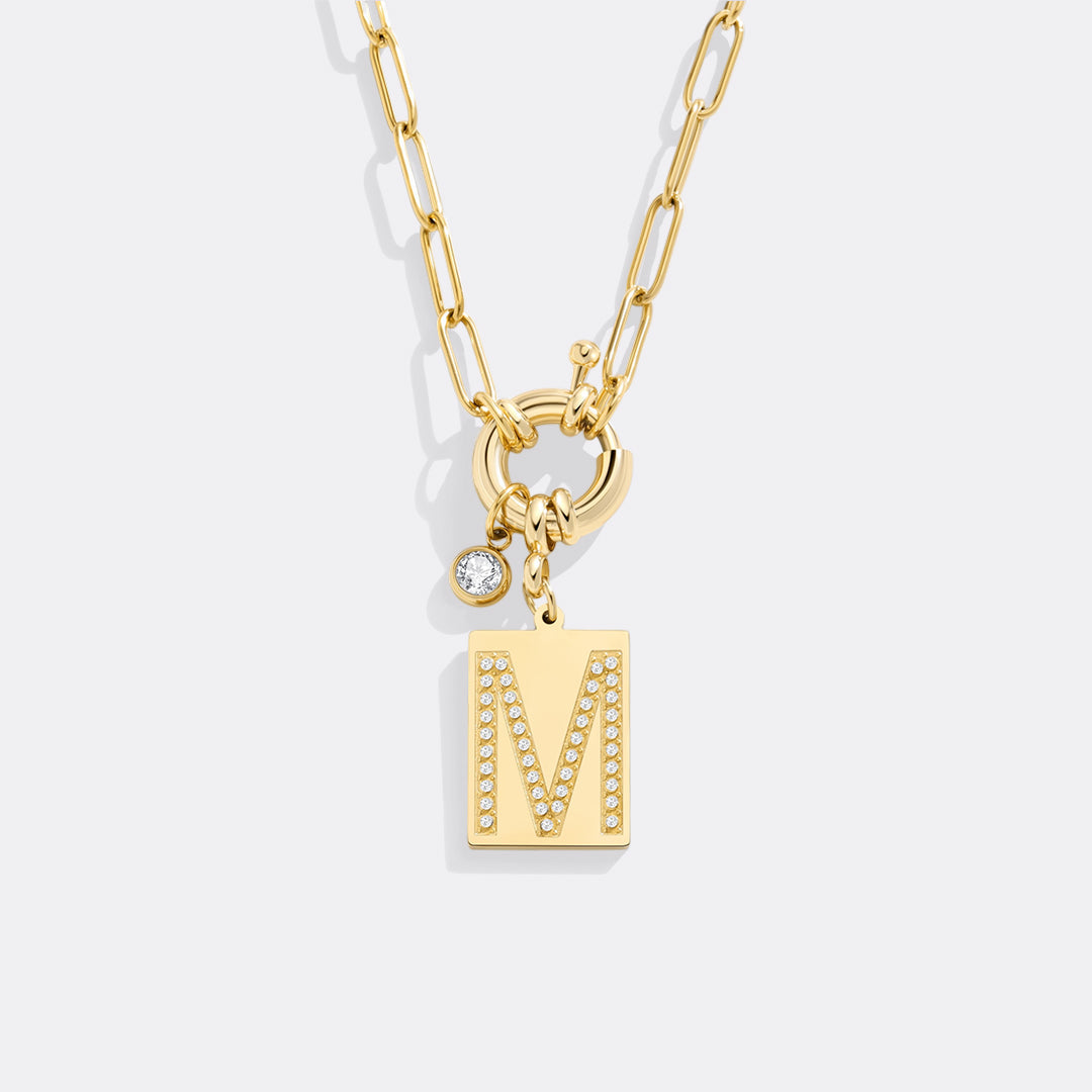 Pave Initial Pendant Necklace with Paperclip Chain
