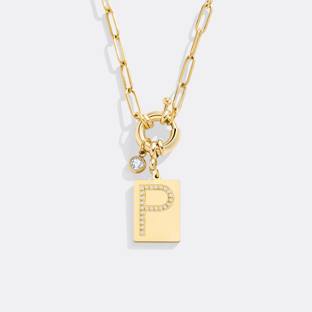 Pave Initial Pendant Necklace with Paperclip Chain