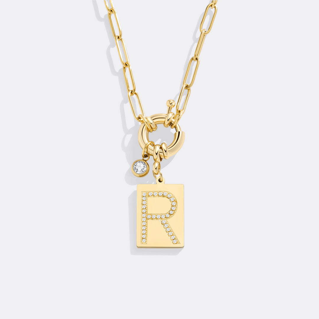 Pave Initial Pendant Necklace with Paperclip Chain