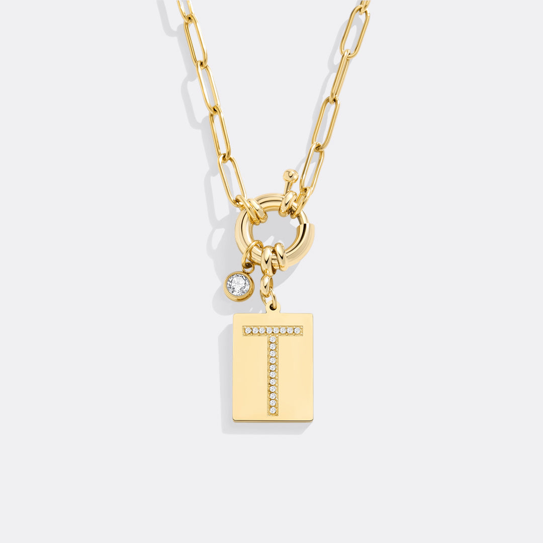 Pave Initial Pendant Necklace with Paperclip Chain