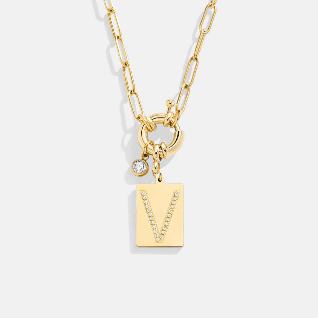 Pave Initial Pendant Necklace with Paperclip Chain