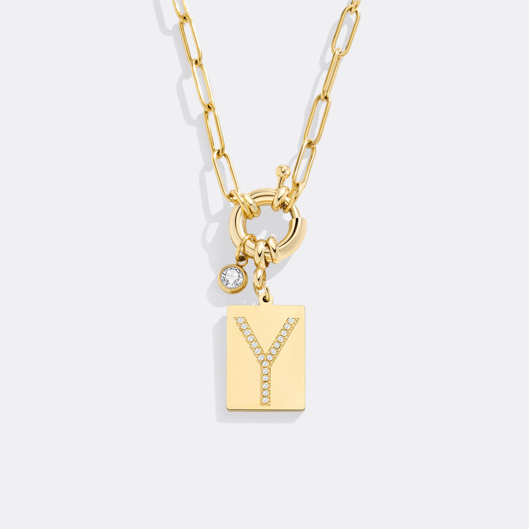 Pave Initial Pendant Necklace with Paperclip Chain
