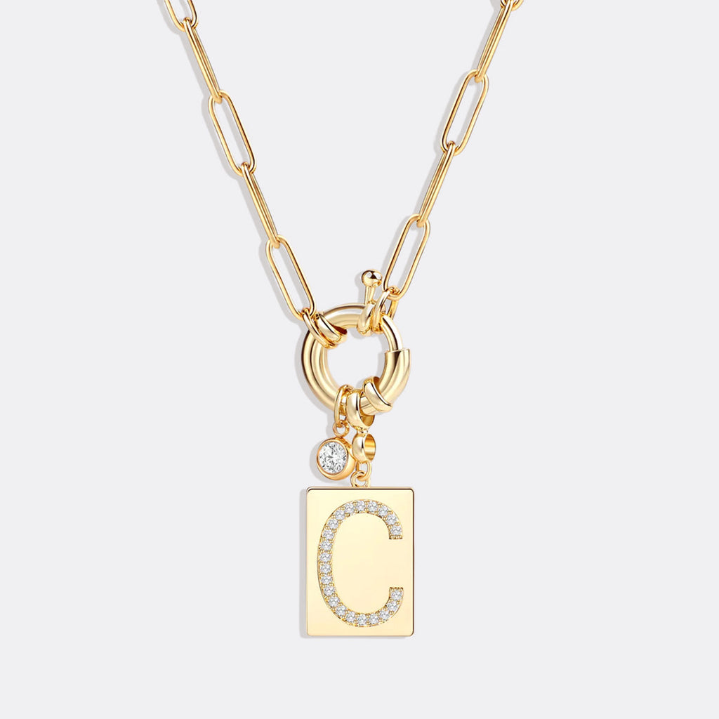 Pave Initial Pendant Necklace with Paperclip Chain