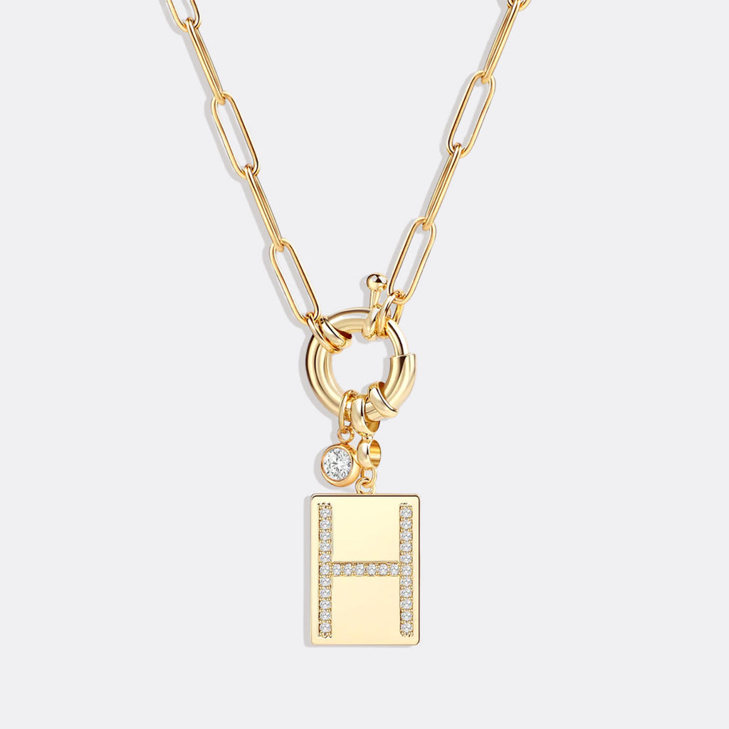 Pave Initial Pendant Necklace with Paperclip Chain