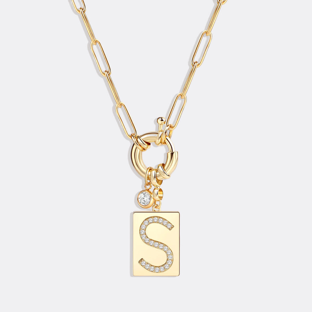 Pave Initial Pendant Necklace with Paperclip Chain